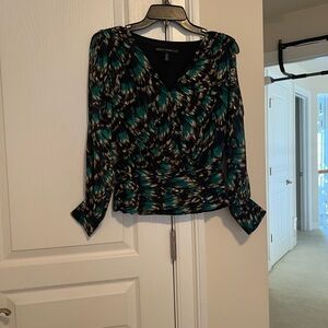 White House Black Market Patterned Blouse in Black and Teal with cuffed sleeves